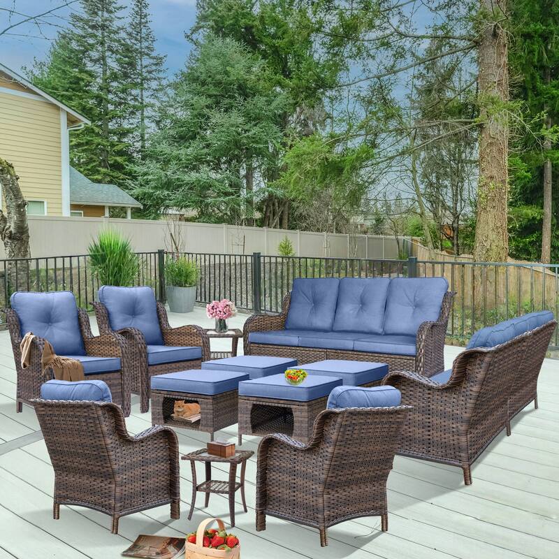 Brown Wicker Outdoor Patio Furniture Sofa Set with Denim Blue Cushions - 12-Pieces - Denim Blue