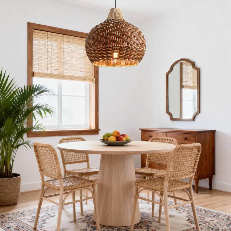 18.9" Farmhouse Natural Caged Handwoven Rattan Pendant Light - 18.9" D x 18.9" W x 62.99" H