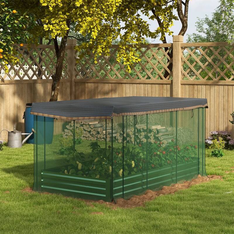 Green Galvanized Steel Raised Garden Bed with Crop Cage and Shade - Green-Black