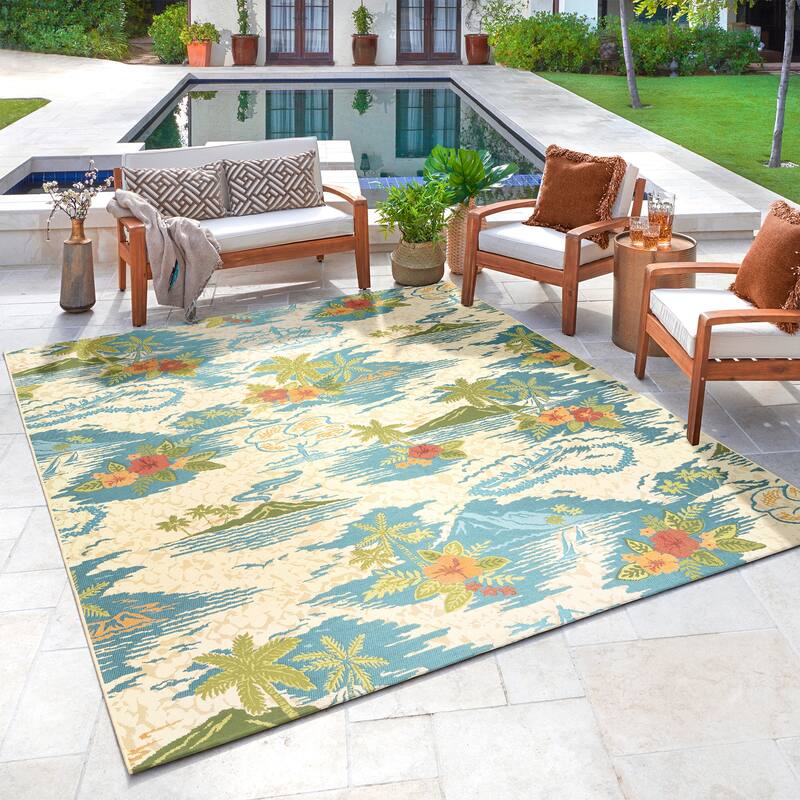Reyn Spooner Fresco Lanai Beige/Blue Tropical Island Volcano Flatweave Indoor/ Outdoor Area Rug