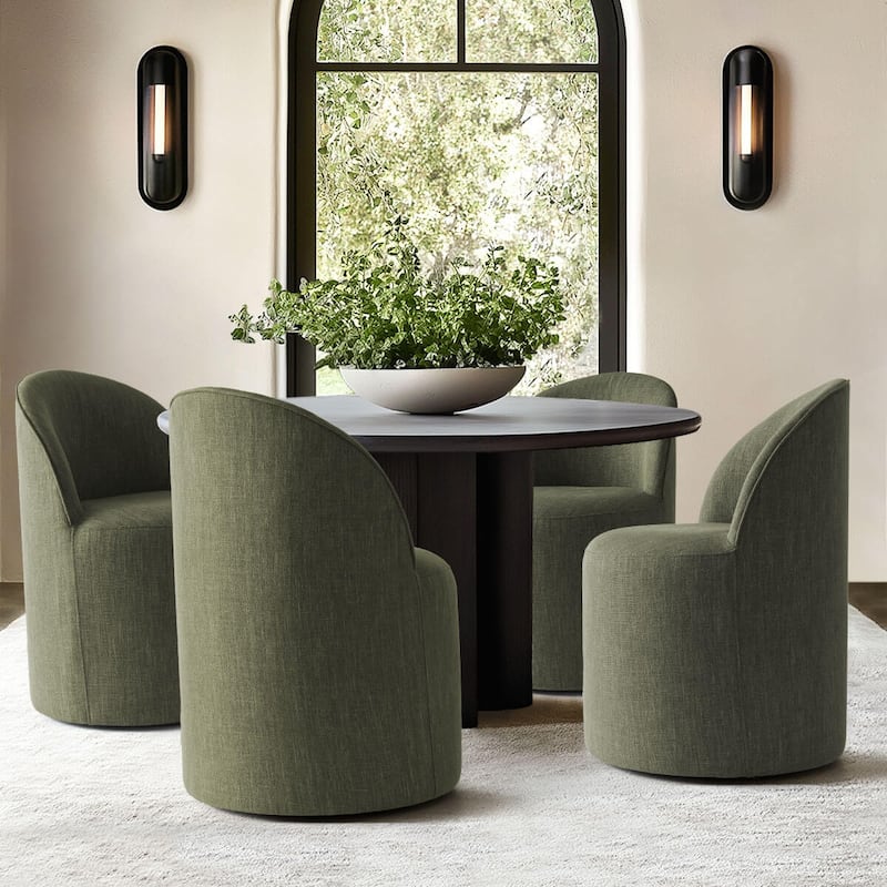 Olive Green Linen Rolling Upholstered Dining Chair with Wheels