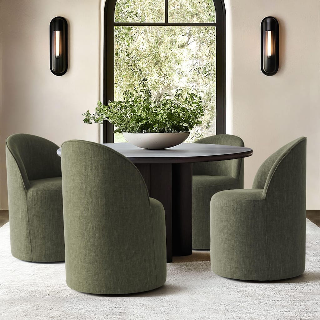Olive Green Linen Rolling Upholstered Dining Chair with Wheels
