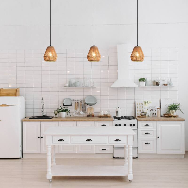 (Set of 3)1-Light Paper Rope Shaded Pendant Lights for Kitchen ，Set of Lghting Fixtures, Farmhouse Semi Flush Mount Chandelier