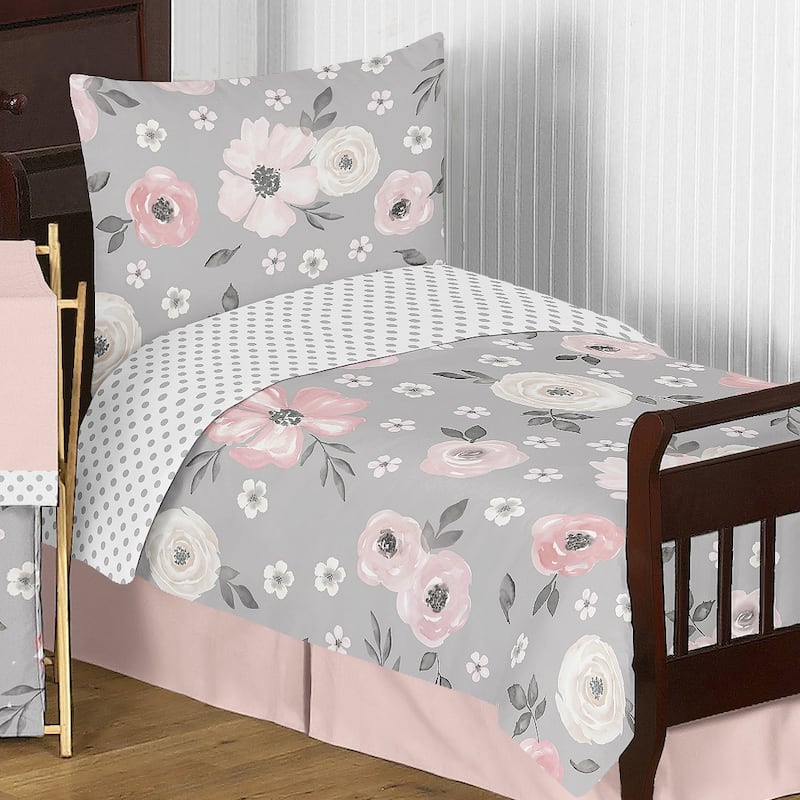 Grey Watercolor Floral Girl 5pc Toddler-size Comforter Set - Blush Pink Gray White Shabby Chic Rose Flower Polka Dot Farmhouse