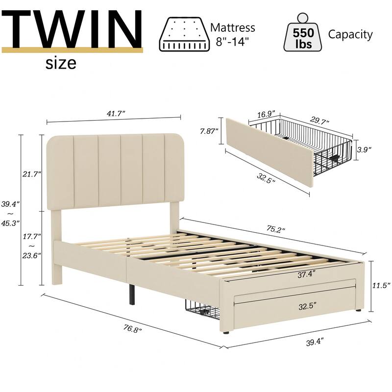 Javlergo Upholstered Platform Bed Frame with Storage Drawers and Adjustable Headboard, No Box Spring Needed