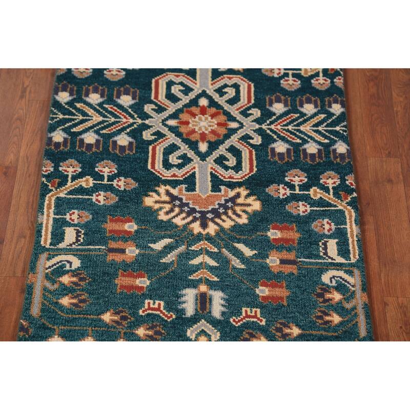 All-Over Green Tribal Kazak Indian Runner Rug Handmade Wool Carpet - 2'7"x 9'10"