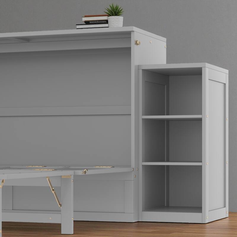 Full/Queen Size Murphy Bed with Storage Drawers and Shelves, Space-Saving Foldable Wall Bed for Guest Room