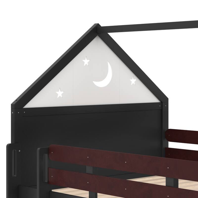 Starry Moon Kids Bed Frame Full Size Bunk Bed House Loft Bed with Built-in Bookshelves, Ladders and Reversible Slide for Playful