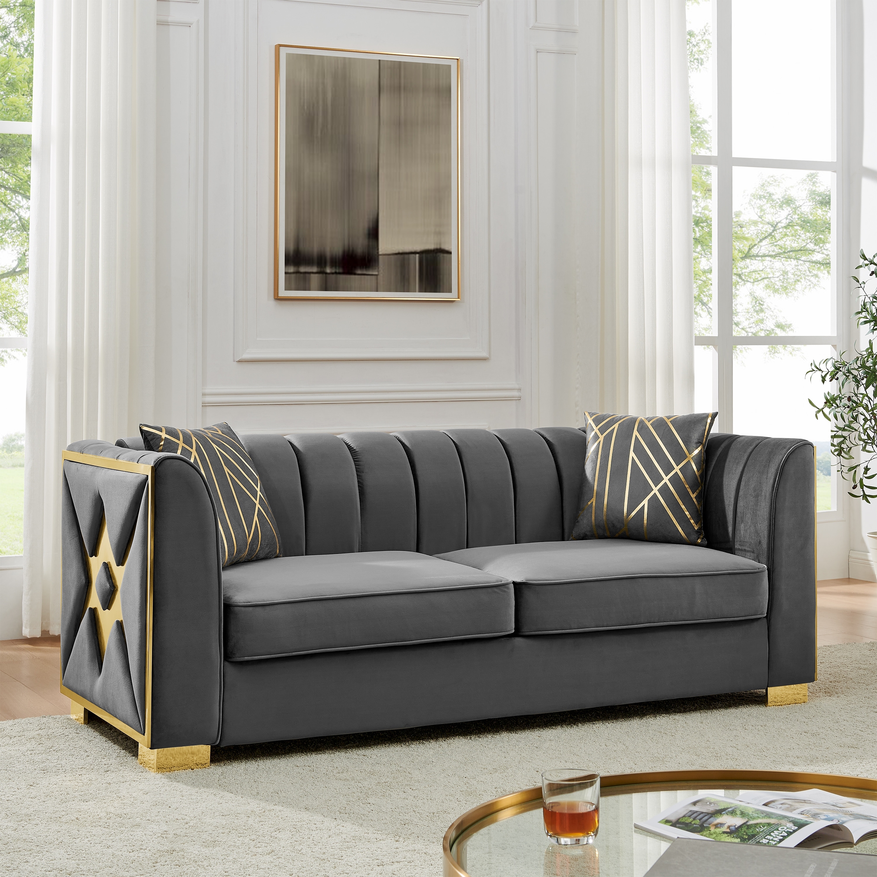 81.1 Inches Velvet Button Tufted Sofa Couch with 2 Pillows, 2 Seater Upholstered Sofa, Comfort Deep Seat Sofa for Living Room