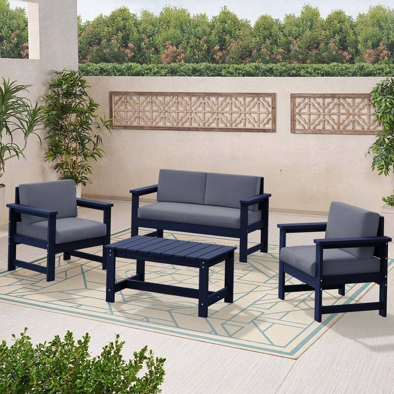 Outdoor Patio HDPE Sectional Sofa and Table Set, Removable Cushions Included, a Loveseat, 2 Single Sofas
