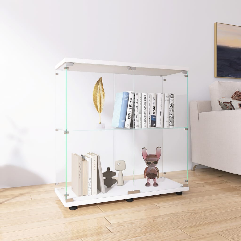 Two-door Display Cabinet with 2 Shelves, Floor Standing Full Viewing Glass Curio Bookshelf for Living Room Bedroom Office