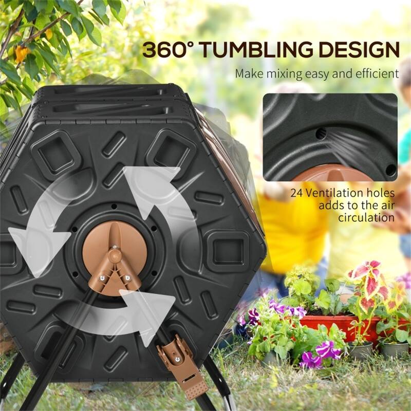 Two-Chamber Tumbling Compost Bin with 360 Rotation Design - 26.5" L x 23.5" W x 30.25" H