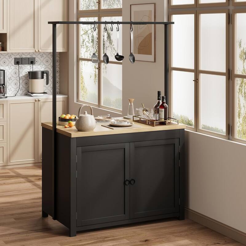 41" Kitchen Island with Storage, 1.2" Countertop with Double Shelves, 5 Hooks, Metal Coffee Bar Table, Black