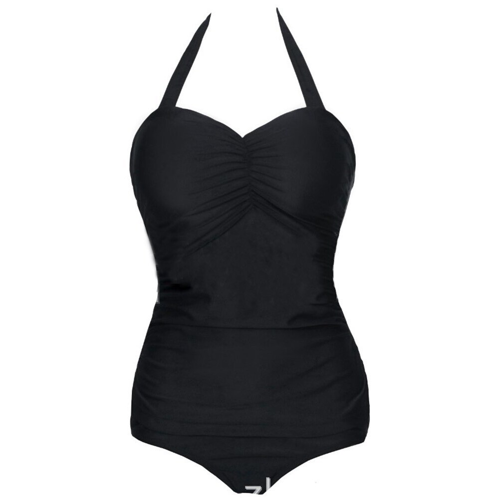 Shop Qzunique Retro Solid Color Ruched Halter One Piece Swimsuit