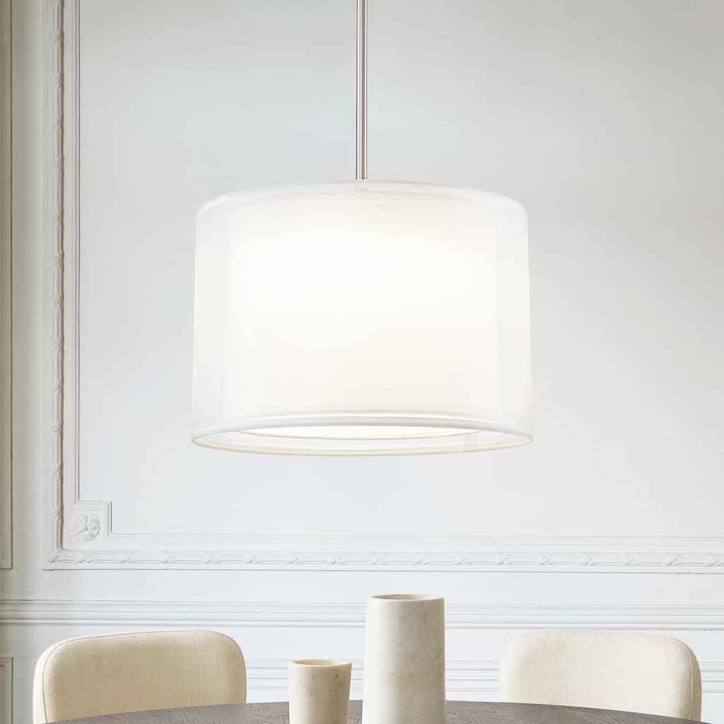 Modern 1-Light Double Fabric LED Pendant Light, 18W Warm 3000K, Satin Nickel/White for Dining Room - 1 Light