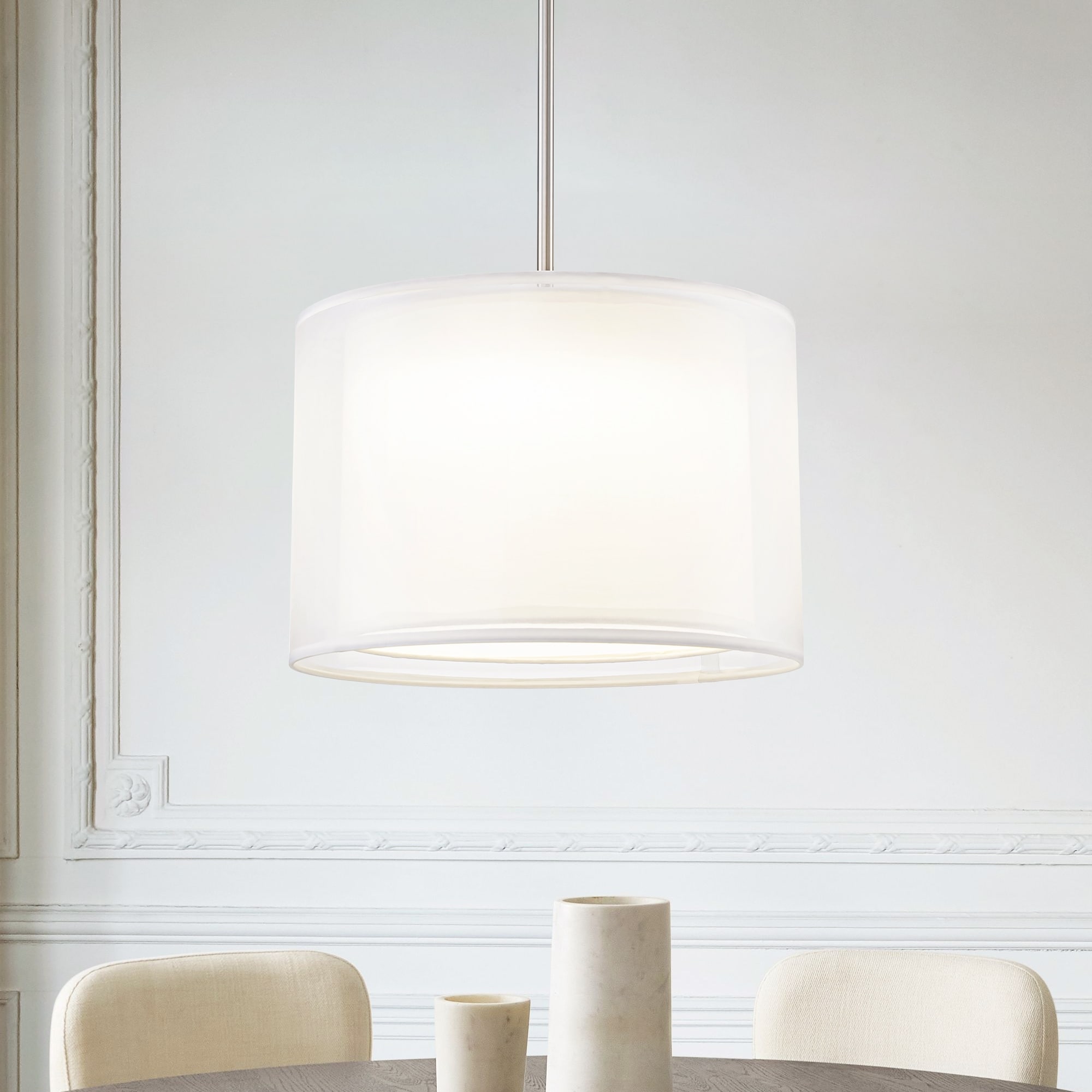 Rennnsan Modern 1-Light Double Fabric LED Pendant Light, 18W Warm 3000K, Satin Nickel/White for Dining Room - 1 Light