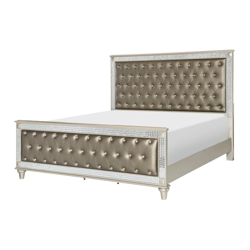Juhi Queen Size Bed, Button Tufted Gray Faux Leather, Crystals Trim, Wood