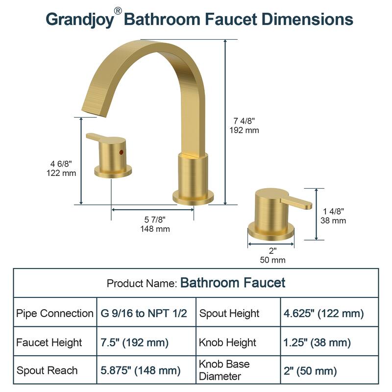 GRANDJOY 3-Hole Widespread Sink Faucet Stainless Steel Waterfall Bathroom Faucet