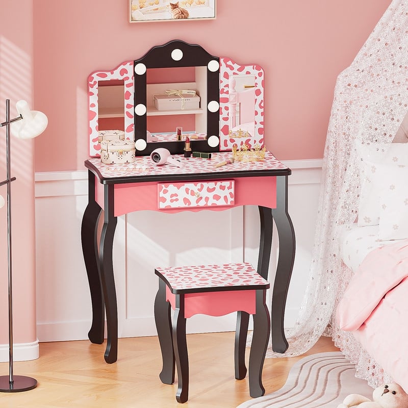 Kids MDF Vanity Table Set In Pink With 1 Drawer With 3-Color Dimmable LED Bulb - N/A