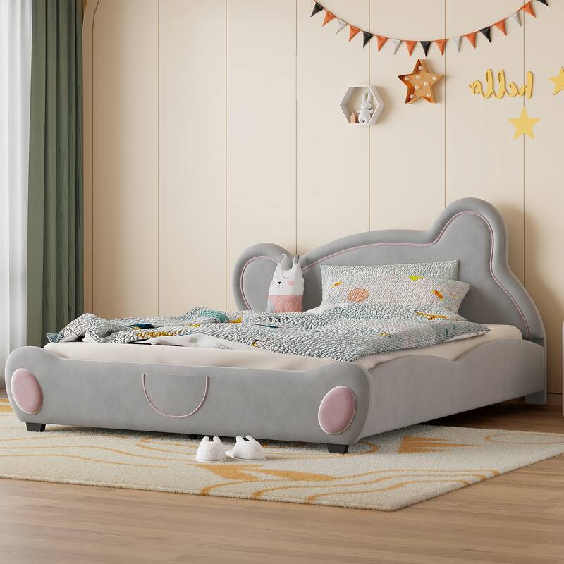 Velvet Bed with Bear-Shaped Headboard & Storage Pocket