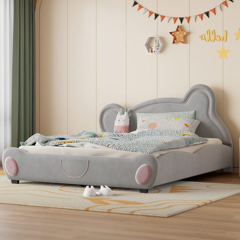 Velvet Platform Bed with Bear Shaped Headboard