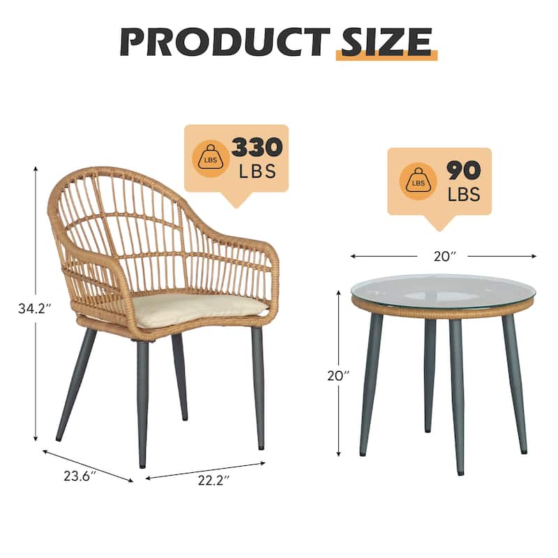 3 Pieces Bistro Set Outdoor Conversation Sets with Glass Top Table and Cushions for Porch,Backyard, Balcony,Poolside