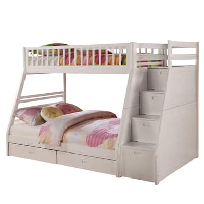 2 Drawer Wooden Twin Over Full Bunk Bed with Storage Staircase, White