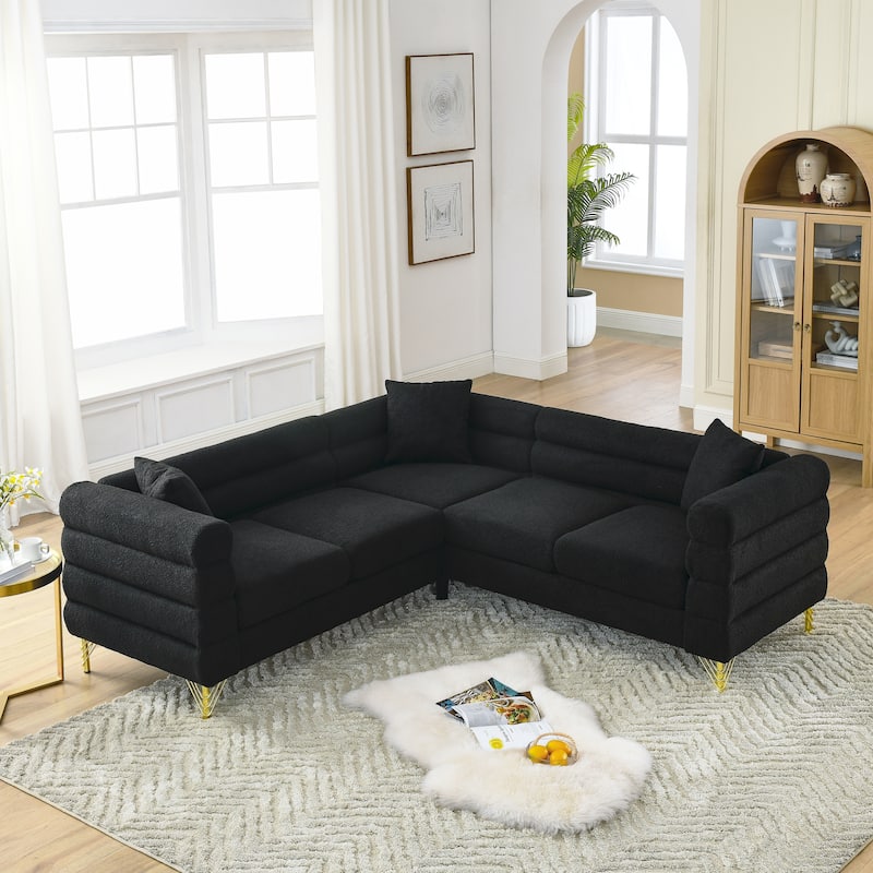 Living Room L-shaped Sectional Sofa Teddy Fabric Corner Couch - Black