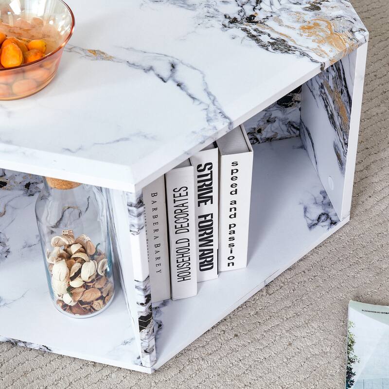 Roomfitters Hexagonal MDF Coffee Table with Patterned Finish, Multi-Hole Storage Design for Any Room Style