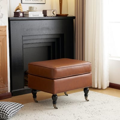 PU Leather Ottoman with Solid Wood Legs and Casters