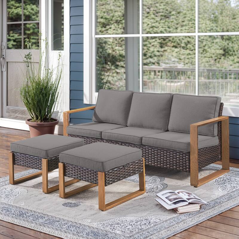 Gymojoy Outdoor Wicker Patio Furniture Sofa Set - 3-Piece Sofa Set - Ottomans - Brown Wicker / Grey Cusion