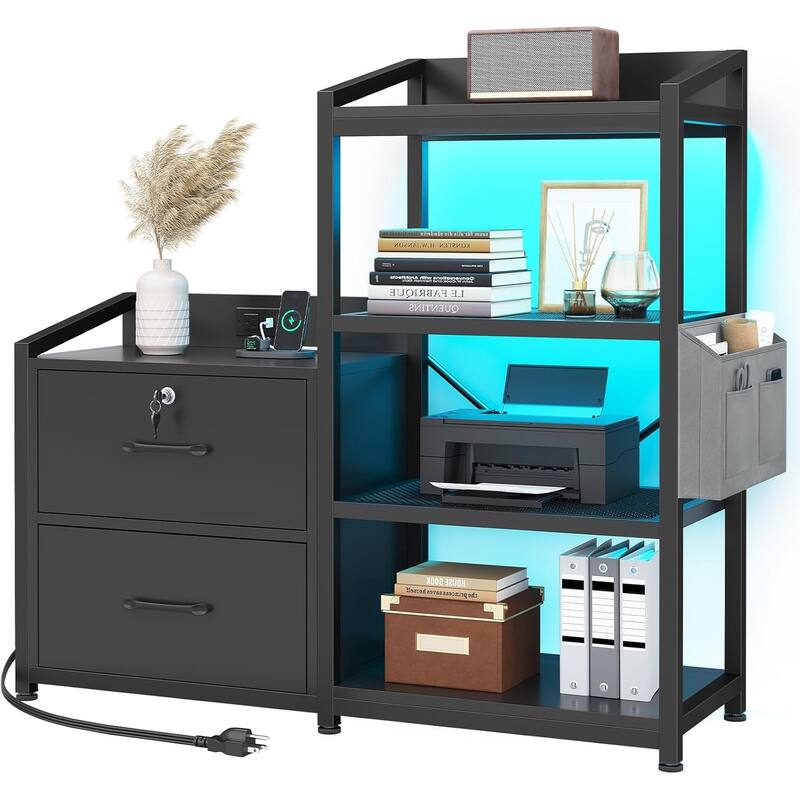 2 Drawer File Cabinet Filing Cabinet Letter Legal Power Strip LED Lights Lock Open Shelf