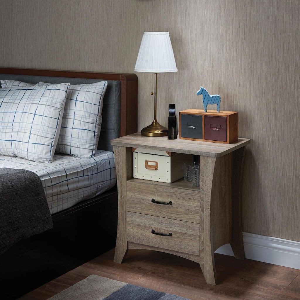 Rustic Natural 2-Drawer Nightstand with Open Shelf and Spacious Top for Bedroom Essentials