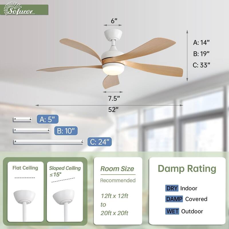 52 Inch Ceiling Fan with Remote & Lights Quiet DC Motor 5 Blade High CFM Modern Fan