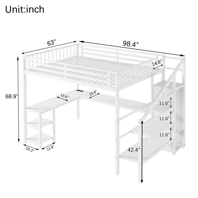 Metal Loft Bed Frame with Staircase Built-in Wardrobe, Light Strip, Underbed L Shaped Desk, Shelves and Charging Station