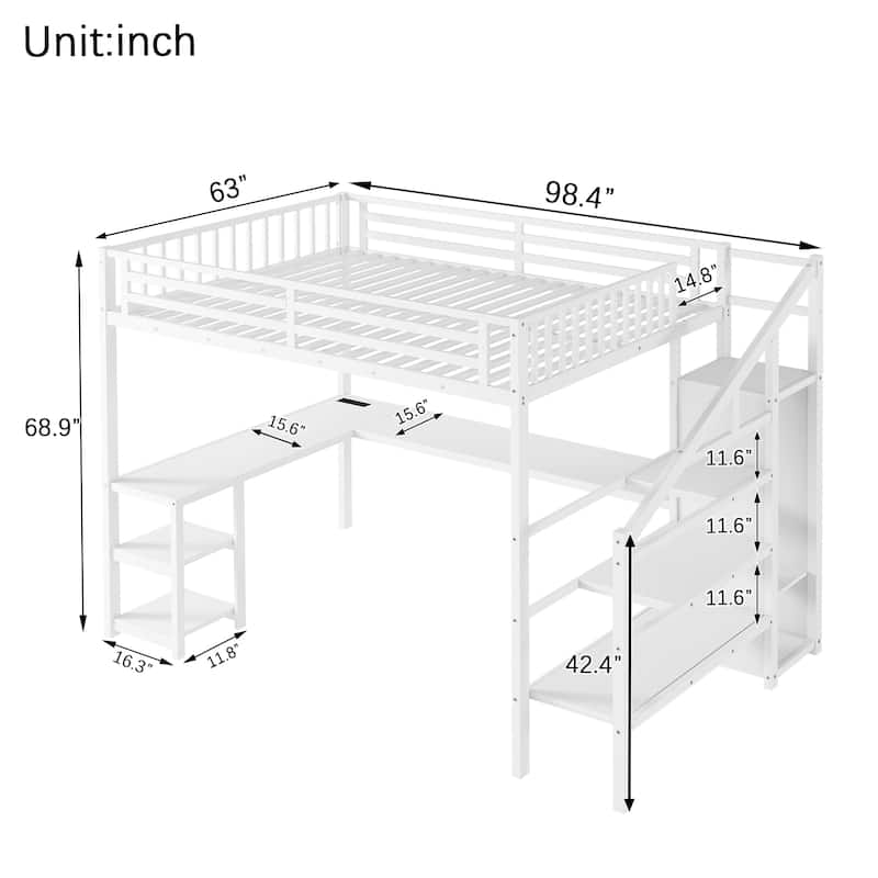 Metal Queen Loft Bed with Wardrobe and LED Light, Queen Size Loft Bed with L Shaped Desk and USB for Kids Teens Adults