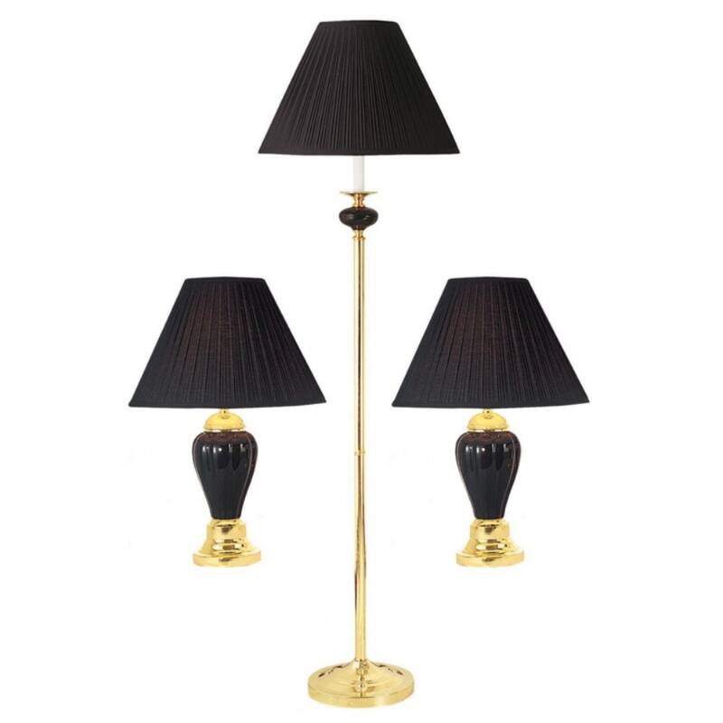 3-Piece Gold Ceramic Lamp Set 64” Floor Lamp & 2 Table Lamps with Red Empire Fabric Shades - 64" x 10" x 10"