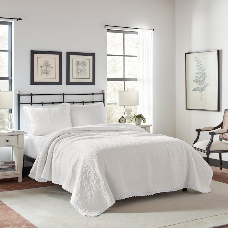 Laura Ashley Heirloom Crochet Cotton Reversible White Quilt Set