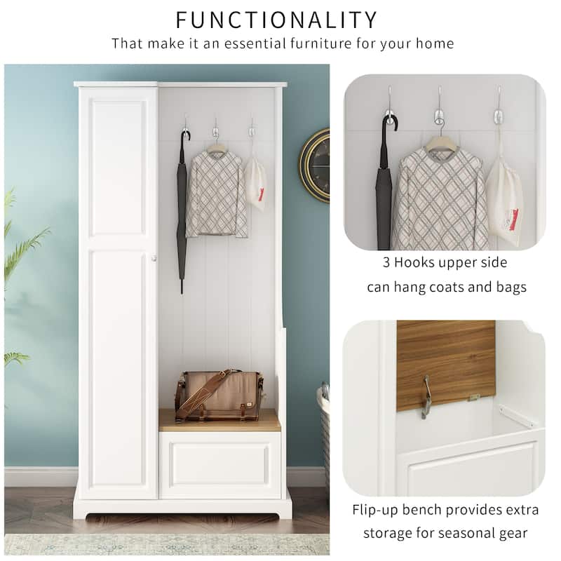Versatile Design Hall Tree with Flip-Up Bench, 4-in-1 Minimalist Coat Hanger Shoe Cabinet with Adjustable Shelves, Hanging Hooks
