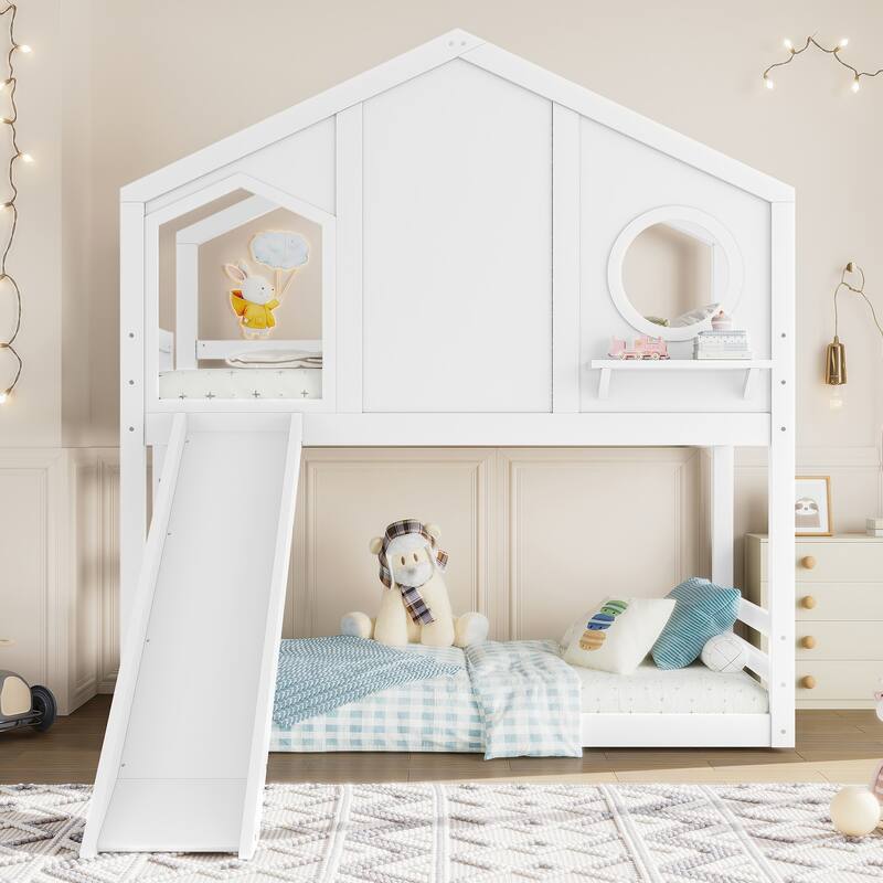 Twin House Bunk Bed with Slide and Storage Shelves, Solid Wood House Loft Bed with Window, Childlike Design