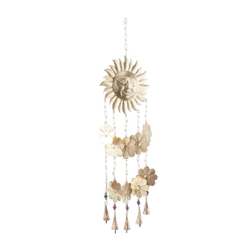 Metal Sun and Moon or Floral Sun and Flowers Windchime with Glass Beads and Cone Bells - Gold - Roche River Decor