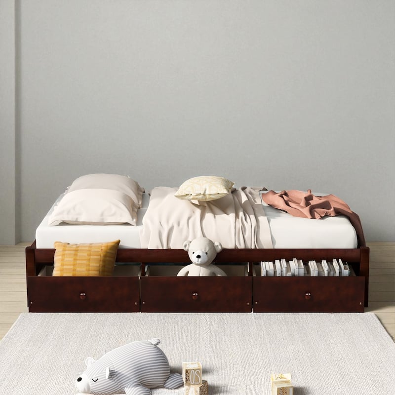 Twin Size Platform Bed with 3 Storage Drawers, Solid Pine Wood Frame and Slat Support