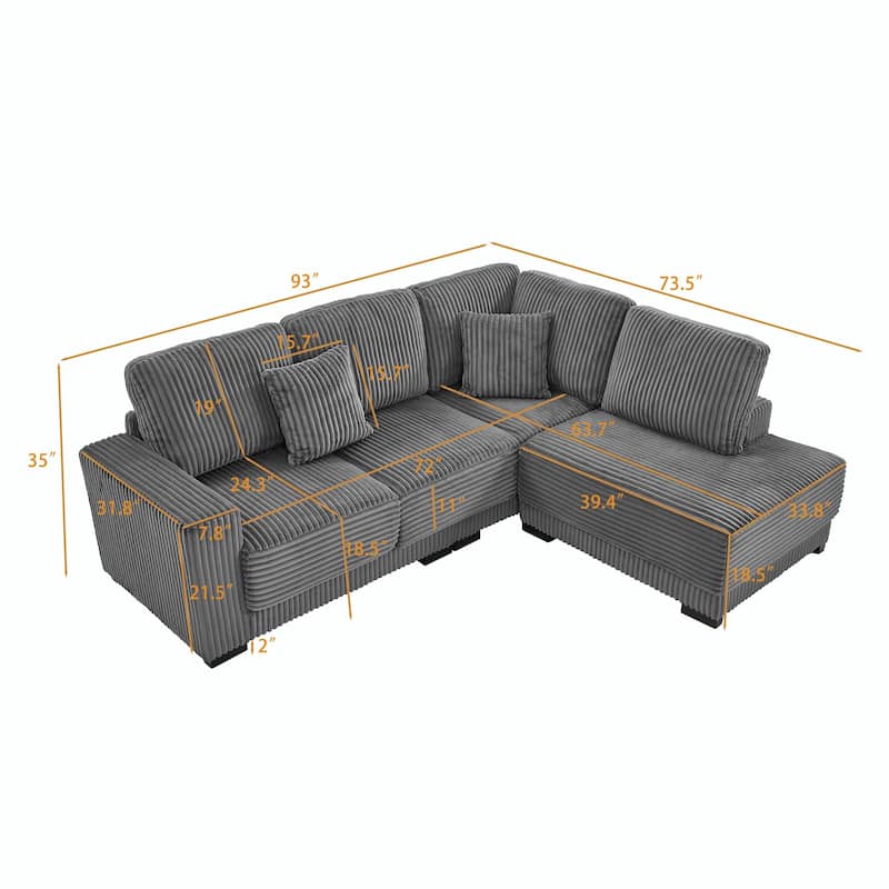 93" Sectional Sofa, L-Shaped with Reversible Chaise Lounge, Upholstered in Soft Corduroy