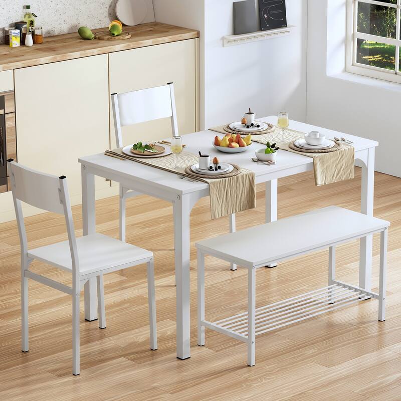 Dining Table Set for 4, Kitchen Room Table Set with Bench, 2-Piece Dining Chairs Set for Breakfast Nook - 42.9"×27.3" - Antique White