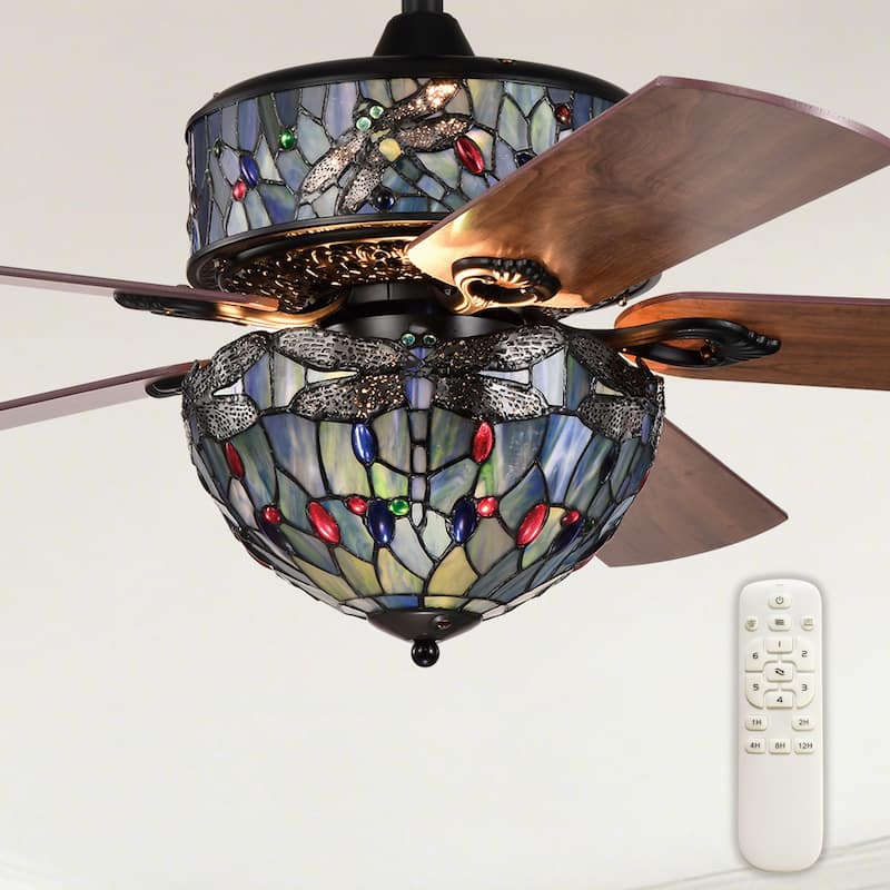 Barkol 5-Blade Lighted Ceiling Fan 2-Tier Tiffany Style Glass
