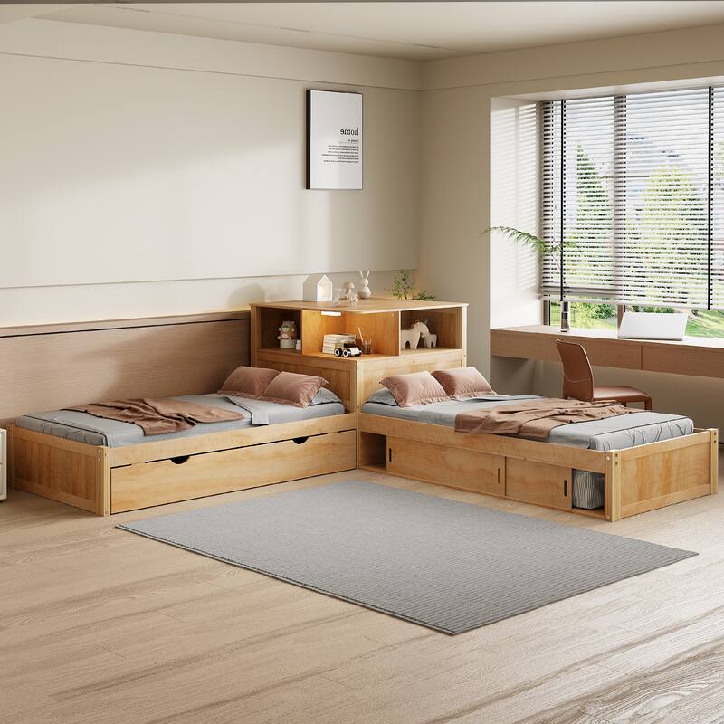 Twin Size L-shaped Bed Frame with Trundle Bed and Storage Cabinets, Desk, Lighting, Corner Platform Storage Bed Frame