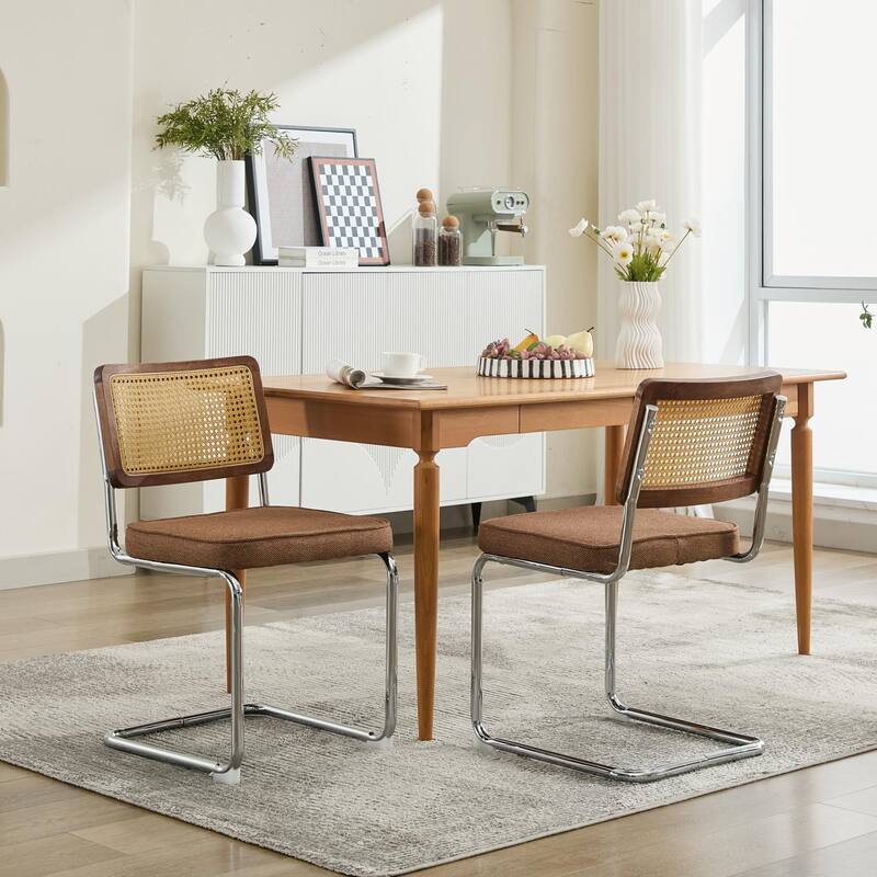 GDF Studio - Mid-Century Linen Dining Chairs with Natural Rattan Cane Back & Chrome Cantilever Base, Set of 2