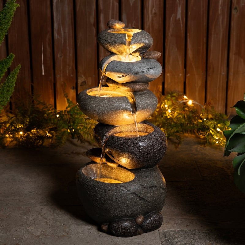 Glitzhome 24.5"H 5-Tiered Zen Style Stacked Pebbles Polyresin Outdoor Fountain with Pump and LED Light