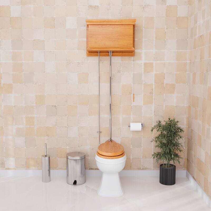 High Tank Toilet - Light Oak Wooden Raised Tank, White Elongated Bowl and Chrome L Pipe Renovators Supply