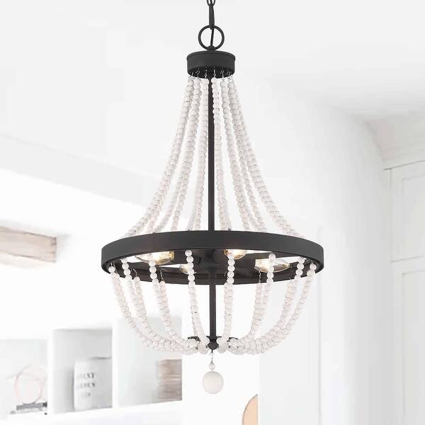 slide 2 of 31, Cauhu 4-light Farmhouse Coastal Beaded Empire Chandelier for Dining Room - 16'' W x 16'' D x 27'' H Weathered Oak
